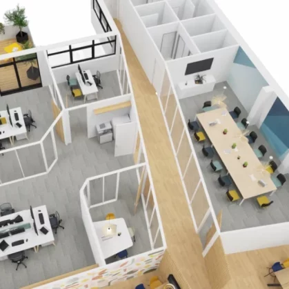 Vue 3D de bureaux et d'une salle de réunion chez Brelet