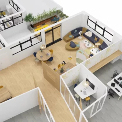 Vue 3D du dessus de l'espace convivialité chez Brelet