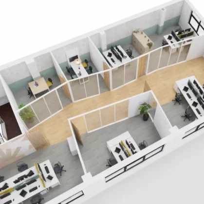 Vue 3D du dessus des espaces cloisonnés et bureaux chez Brelet