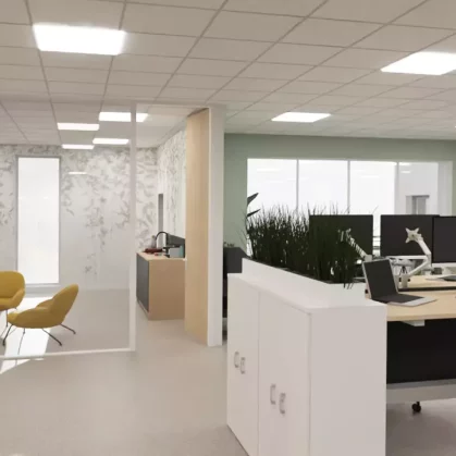 Vue 3D des bureaux dans l'open space