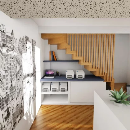 Vue 3D de l'accueil de NGE avec l'escalier