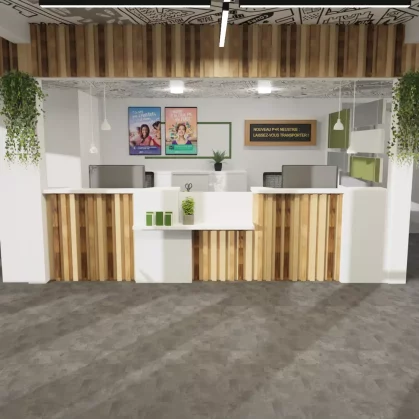 Vue 3D de l'entrée avec le comptoir d'accueil
