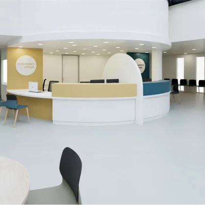 Vue 3D de la banque d'accueil avec plafonnier clinique de l'estuaire