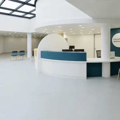 Vue 3D de la banque d'accueil avec plafonnier et verrière clinique de l'estuaire