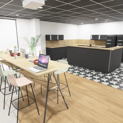 Vue 3D de la salle de pause et cuisine - groupe SF à Sautron